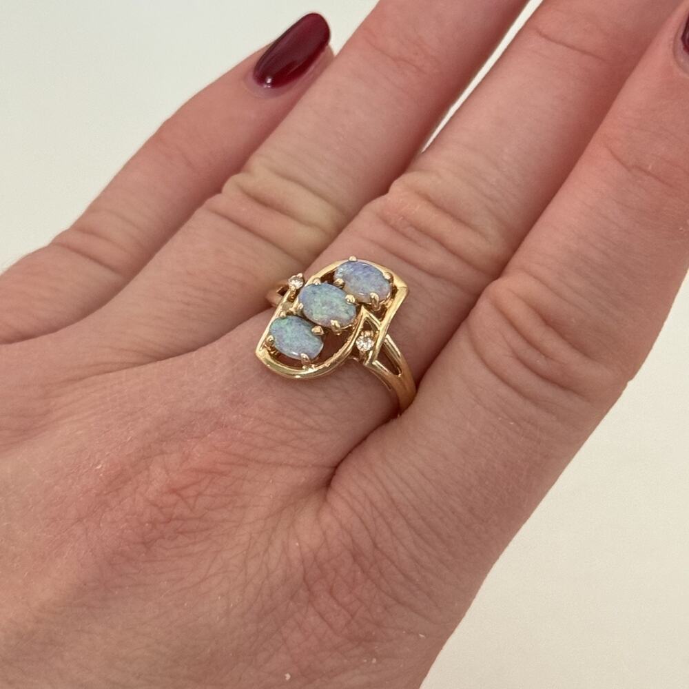 14K Yellow Gold Fire Opal 3 Stone Diamond Band Ring Size 6 - Picture 9 of 16
